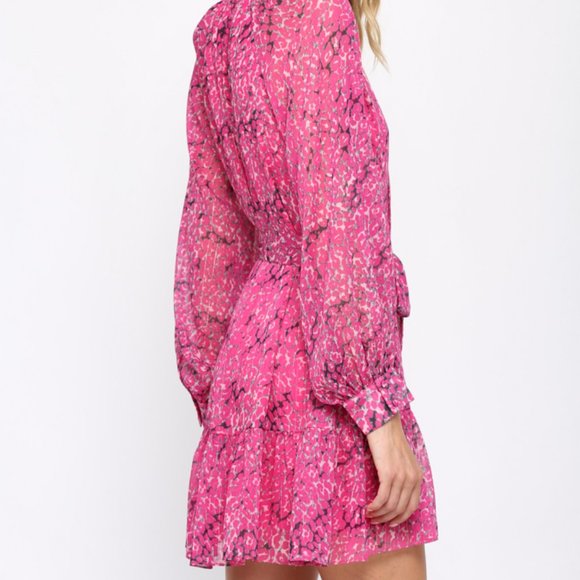 NWT Fate Animal Print With Lurex Chiffon Tie Waist Dress In Hot Pink - Picture 6 of 10